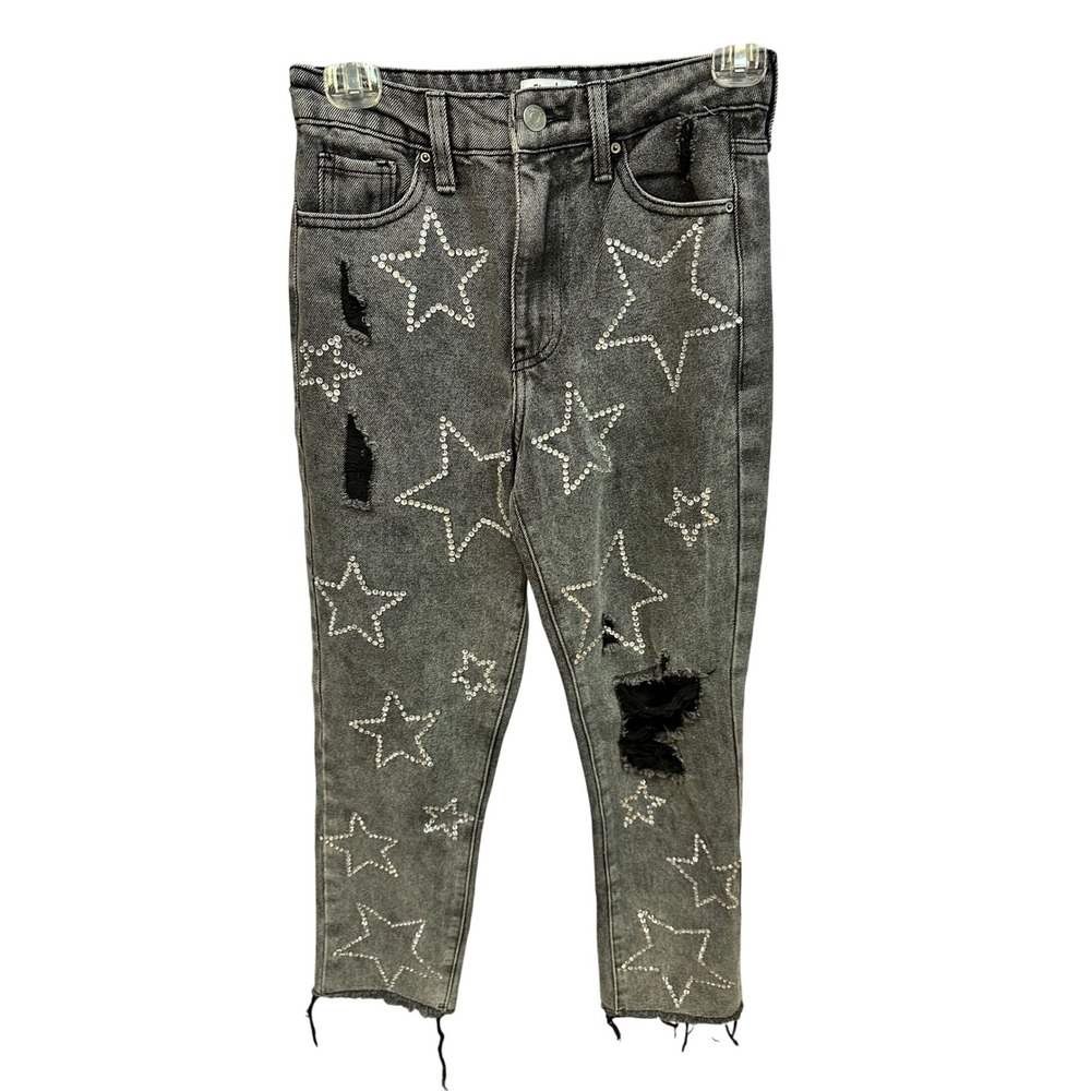 Simple Society Women's Distressed‎ Star Jeans Rhinestone Embellished Grey 00